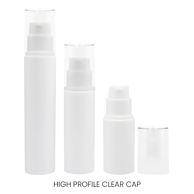 Modern profile airless bottles with high profile clear caps in multiple sizes Model: BLAW