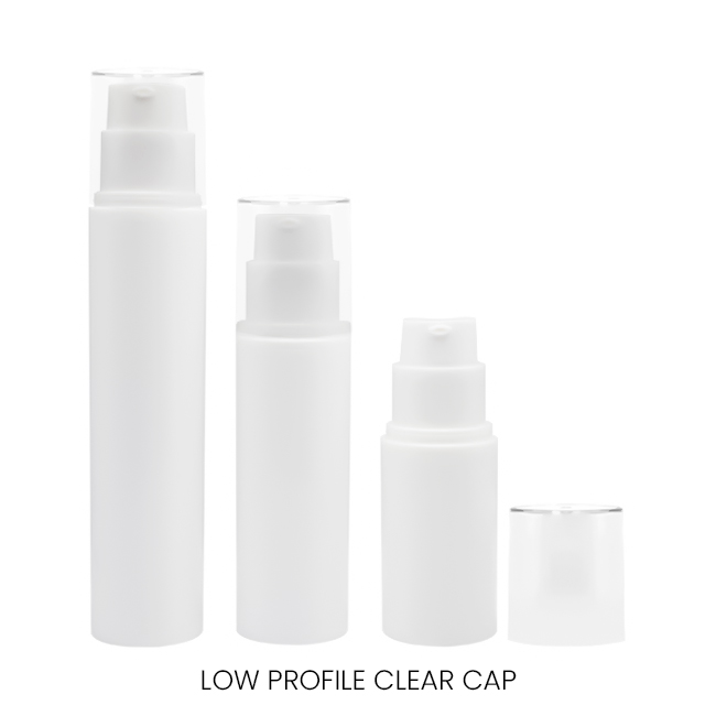 Modern profile airless bottles with low profile clear caps Model: BLAW
