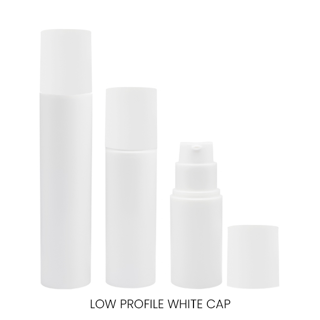 Modern profile airless bottles with low profile white caps Model: BLAW