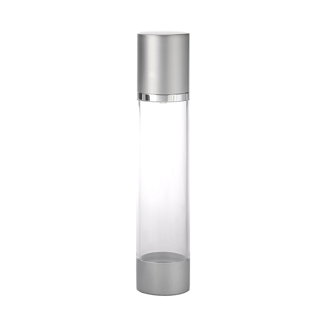 Clear and silver airless bottle showing clear product window Model: BLJS