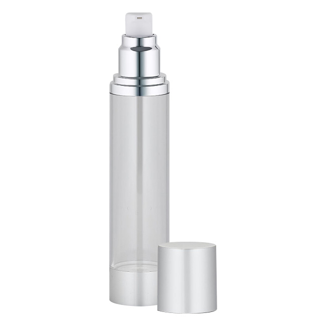 Clear and silver airless bottle with exposed pump and aluminum cap Model: BLJS