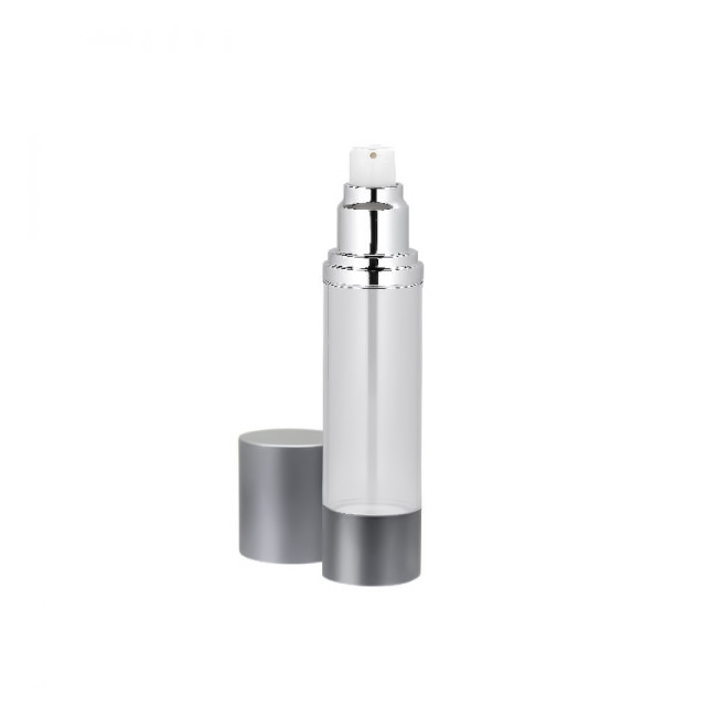 Clear and silver airless bottle with matte aluminum cap and base Model: BLJS