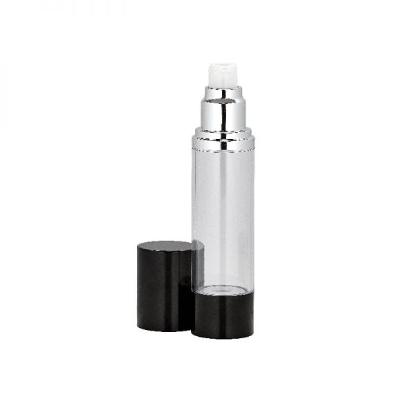 Clear and black airless bottle with pump exposed and cap shown Model: BLJSB