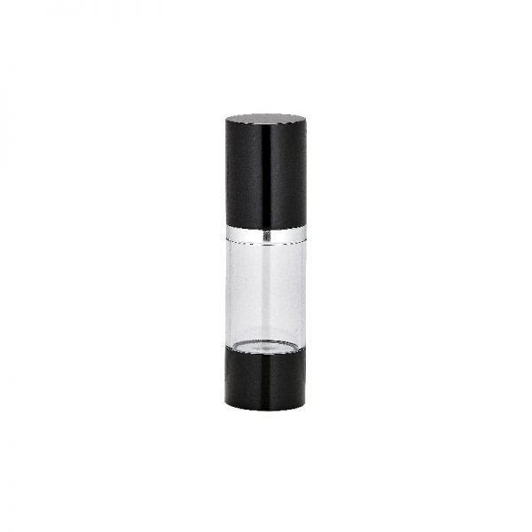 Clear and black airless bottle showing window and black finish Model: BLJSB