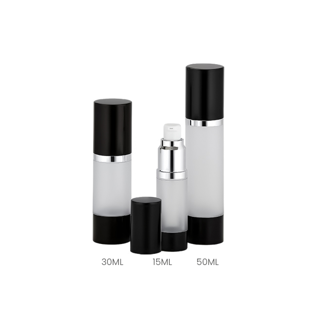Black and frosted airless bottles in 15ml, 30ml, and 50ml sizes Model: BLJSBF