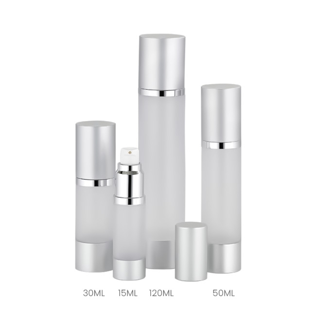 Silver and frosted airless bottles in 15ml, 30ml, 50ml, and 120ml sizes Model: BLJSF