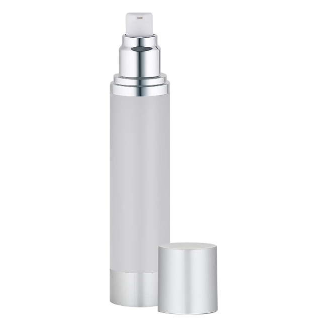 Silver and frosted airless bottle with pump exposed and cap displayed Model: BLJSF