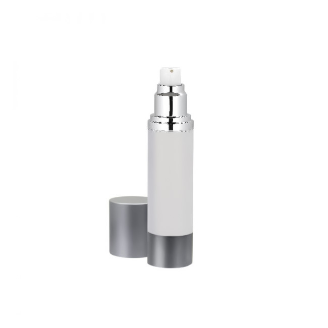 Silver and frosted airless bottle with matte silver cap and base Model: BLJSF