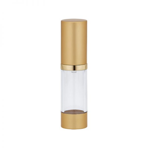 Gold and clear airless bottle showing clear window detail Model: BLJSMG