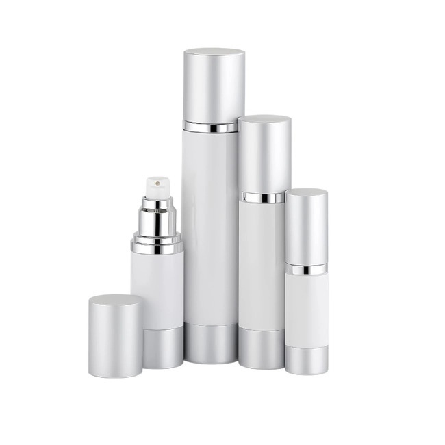 Silver and white airless bottle group in multiple sizes Model: Model: BLJSW