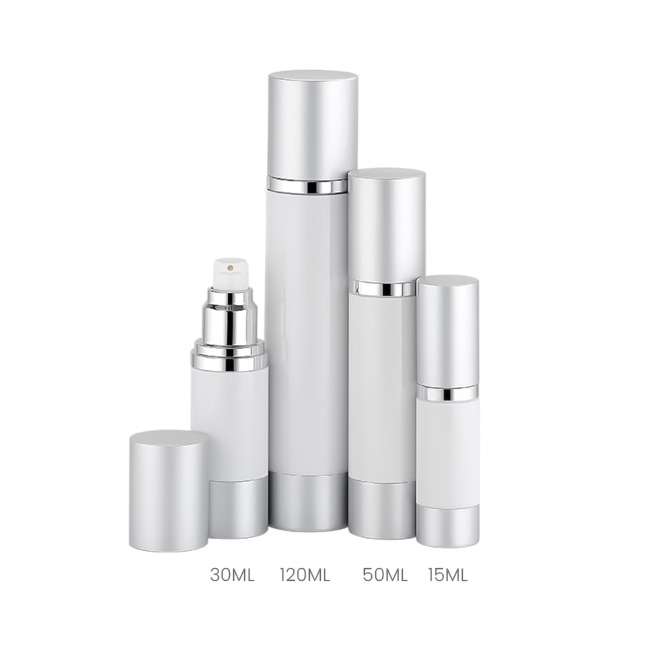 Silver and white airless bottles in 15ml, 30ml, 50ml, and 120ml sizes Model: BLJSW