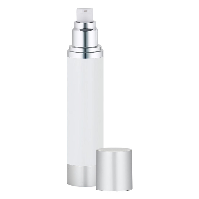 Silver and white airless bottle with matte silver cap and base Model: BLJSW
