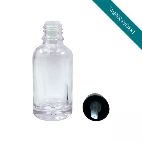 Clear glass boston round bottle with dropper or reducer cap for oils and serums Model BLCREW