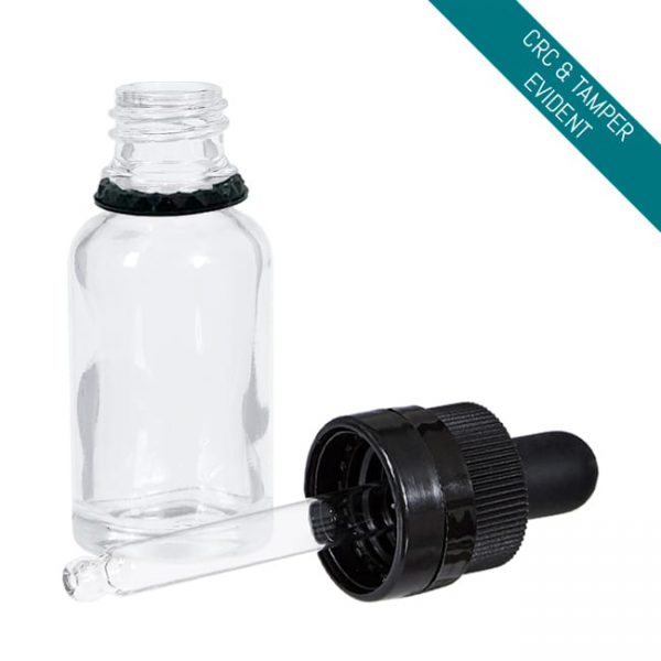Clear glass boston round bottle with dropper or reducer cap for oils and serums Model BLCREW