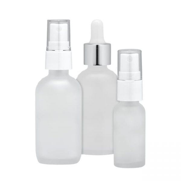 Frosted glass bottle with pump sprayer or dropper closure options Model BLZHBRF