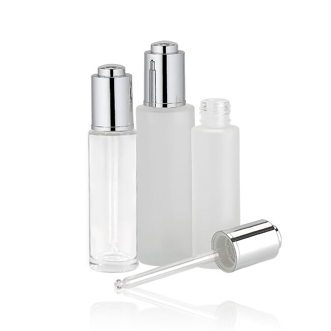Clear and frosted round glass dropper bottle for skincare products Models BLLG12C and BLLG12F