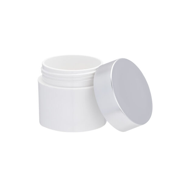 recycled cosmetic jar open with silver lid removed Model BLGSPP