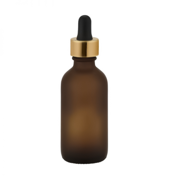 Frosted amber glass dropper bottle for serums with black or gold collar options Model BLSHAMF