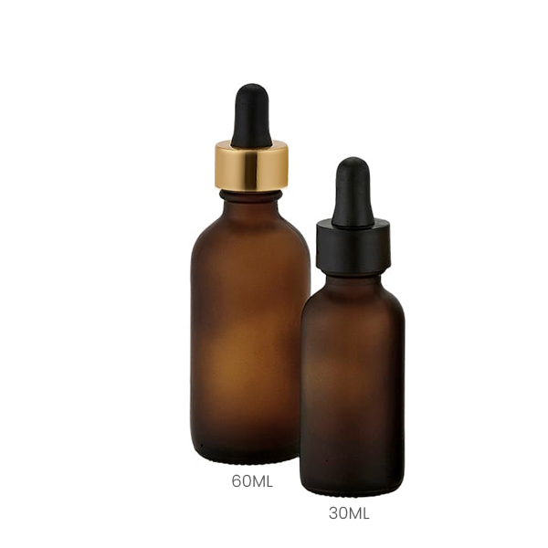 Frosted amber glass dropper bottle for serums with black or gold collar options Model BLSHAMF