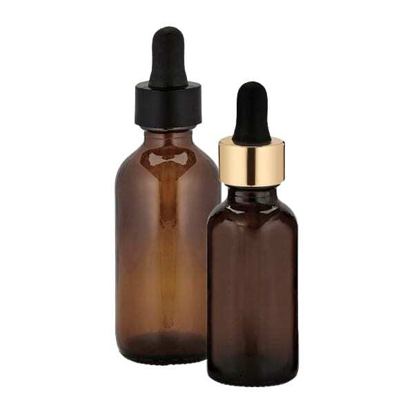 Amber glass dropper bottle for serums with black or gold collar options Model BLSHAM