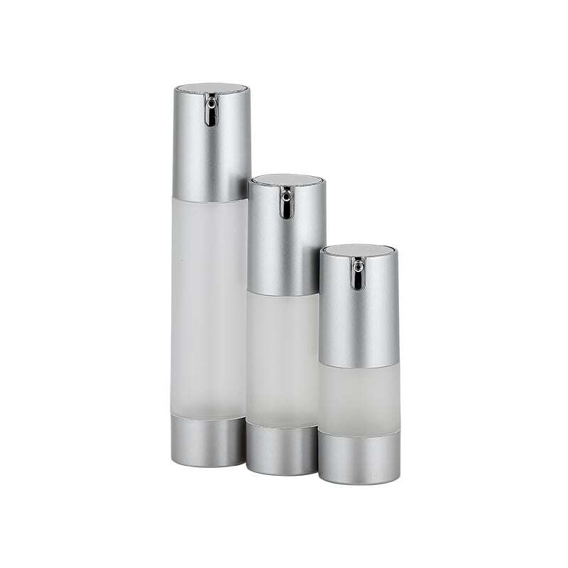 Frosted airless bottle group with matte silver accents Model: BLJCMF