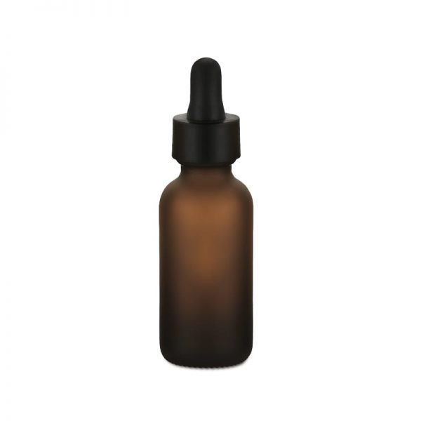 Frosted amber glass dropper bottle for serums with black or gold collar options Model BLSHAMF