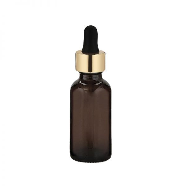 Amber glass dropper bottle for serums with black or gold collar options Model BLSHAM