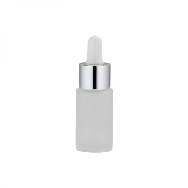 Frosted glass dropper bottle with shiny silver collar for skincare and essential oils Model BLZHPJF