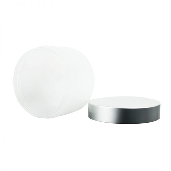 white cosmetic jar with silver lid shown open and closed Model BLHBPPAL