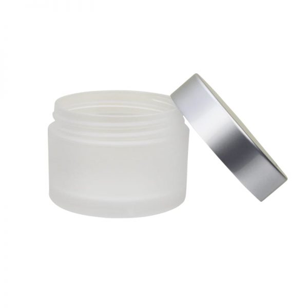 A white cosmetic jar displayed with its brushed silver lid both removed and secured, showing the clean profile and premium finish Model BLHBPPAL
