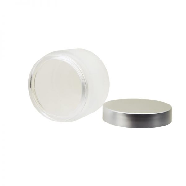 frosted glass cosmetic jar with lid removed angled view Model BLSXJF