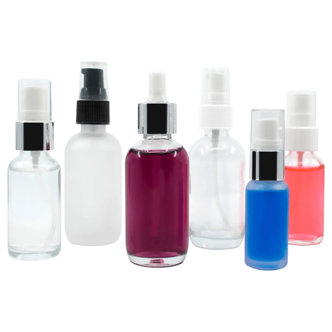 Frosted and clear glass bottle with pump sprayer or dropper closure options Models BLZHBRF and BLZHBRC