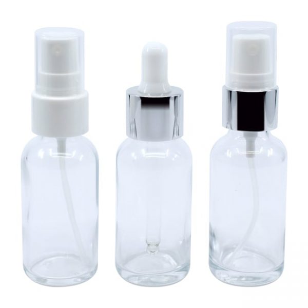 Clear glass bottle with pump sprayer or dropper closure options Model BLZHBRC