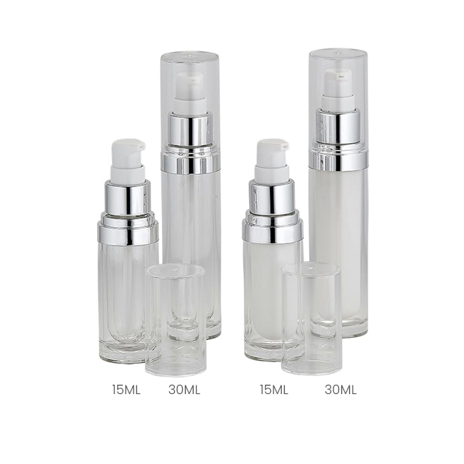 Clear and frosted acrylic bottle with suspended inner chamber for skincare packaging Models BLJSYC and BLJSYW