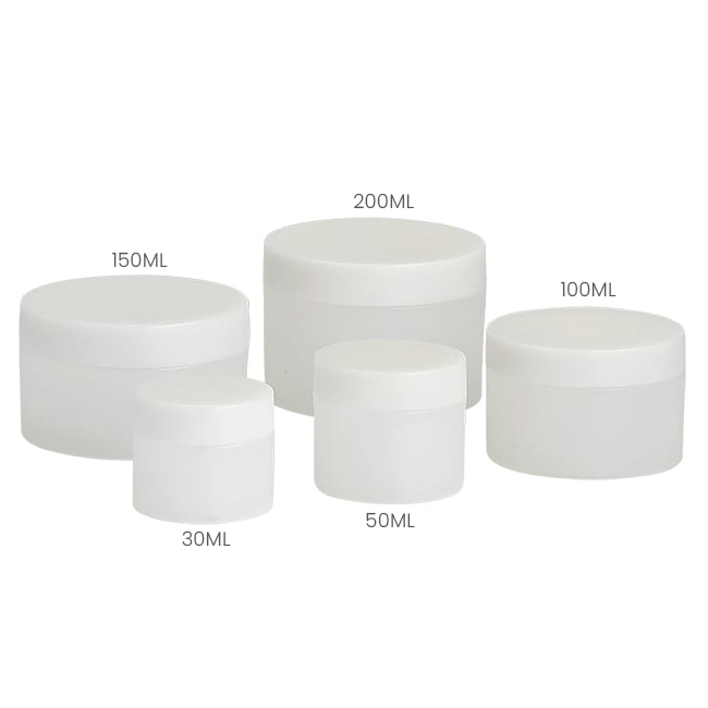white plastic cosmetic jars grouped together with lids on Model BLHBPPW