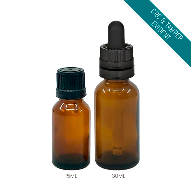 Amber glass boston round bottle with dropper or reducer cap for oils and serums Model BLCRAM