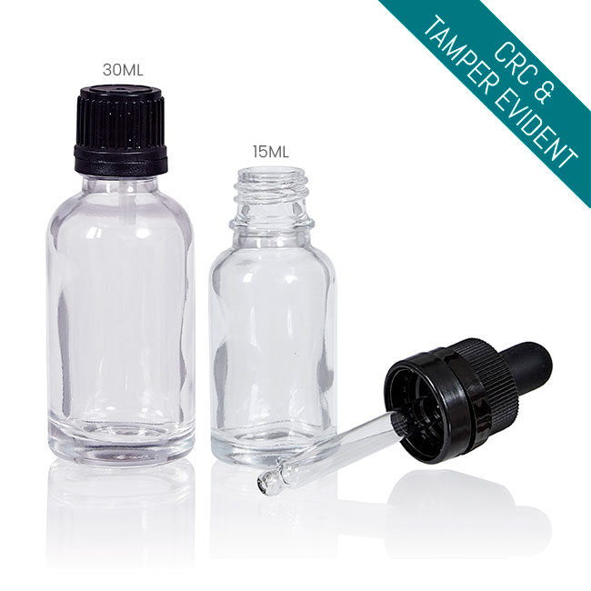 Clear glass boston round bottle with dropper or reducer cap for oils and serums Model BLCREW