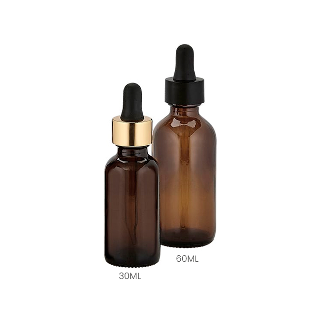 Amber glass dropper bottle for serums with black or gold collar options Model BLSHAM