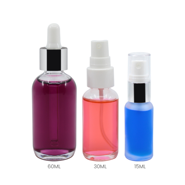 Frosted and clear glass bottle with pump sprayer or dropper closure options Models BLZHBRF and BLZHBRC