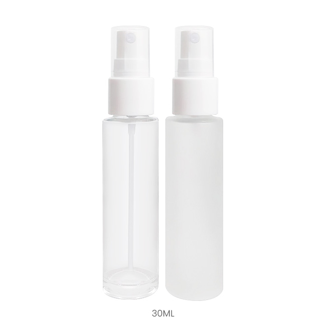 Clear and frosted glass mist sprayer bottle for skincare products Models BLLG12SPRC and BLLG12SPRF