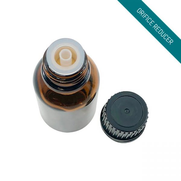 Black cap with orifice reducer on amber bottle Model BLCREWAMCAP