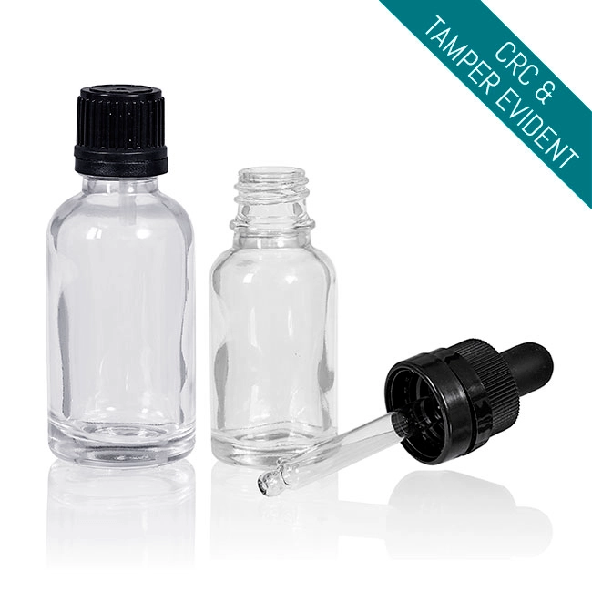 Clear glass boston round bottle with dropper or reducer cap for oils and serums Model BLCREW