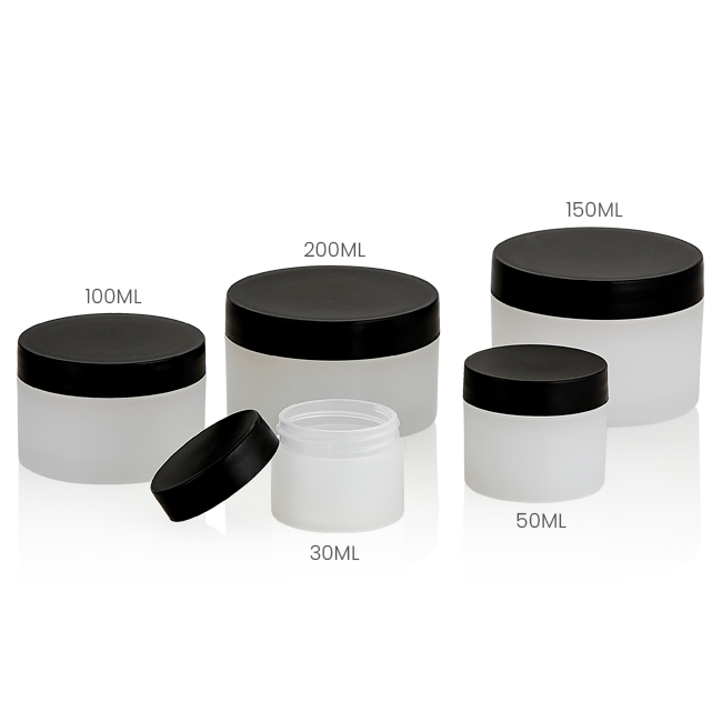 white cosmetic jars with black lids in multiple sizes Model BLHBPPB