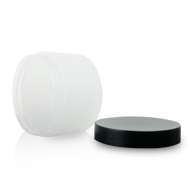 white cosmetic jar with black lid removed angled view Model BLHBPPB