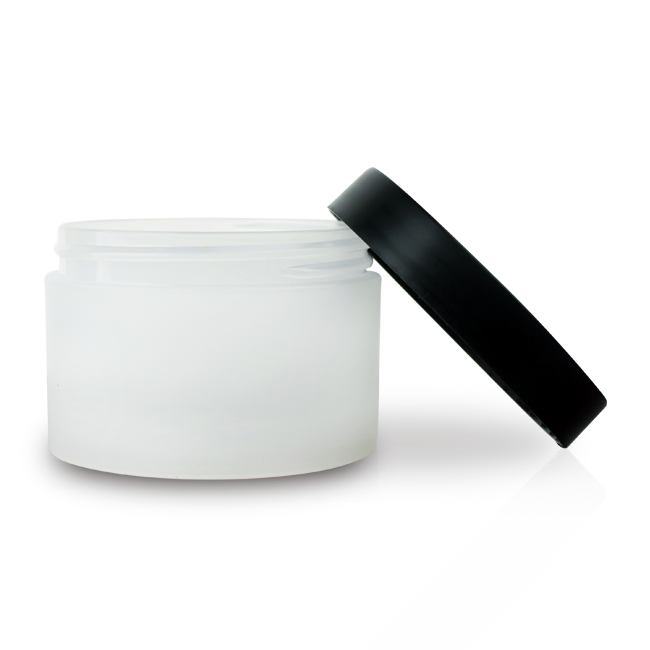 white cosmetic jar with black lid shown open and closed Model BLHBPPB