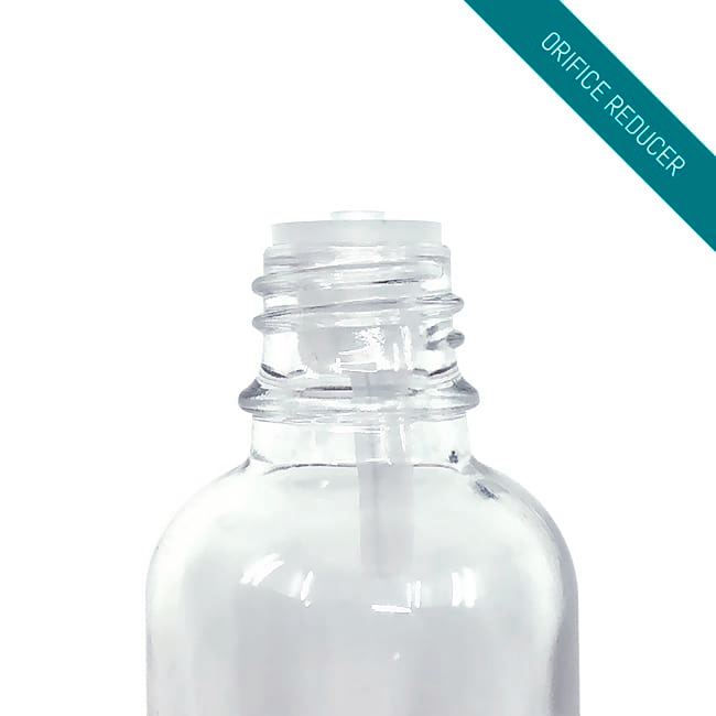 Clear glass boston round bottle with dropper or reducer cap for oils and serums Model BLCREW