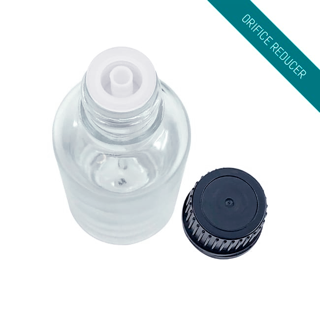 Clear glass boston round bottle with dropper or reducer cap for oils and serums Model BLCREW