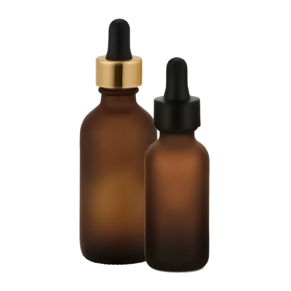 Frosted amber glass dropper bottle for serums with black or gold collar options Model BLSHAMF
