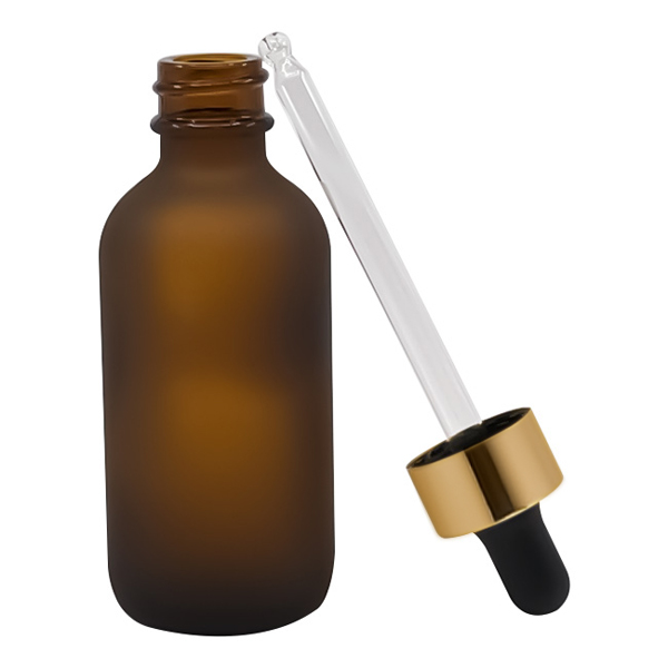 Frosted amber glass dropper bottle for serums with black or gold collar options Model BLSHAMF