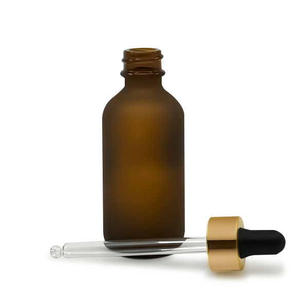 Frosted amber glass dropper bottle for serums with black or gold collar options Model BLSHAMF